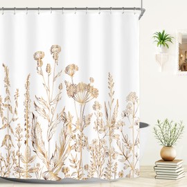 Riyidecor White Gold Floral Wildflower Shower Curtain for Bathroom Decor 60Wx72H Rustic Botanical Herbs Plant Leaves Vintage Nature Farm Art Printed Fabric Polyester Waterproof 12 Pack Plastic Hooks