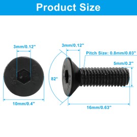 Dijedev M5-0.8 x 16mm Flat Head Socket Cap Screws, 10.9 Grade Carbon Steel Hex Socket Countersunk Flat Head Screw Bolts, 100Pcs Allen Socket Drive, Machine Screws Fasteners with Fully Threaded