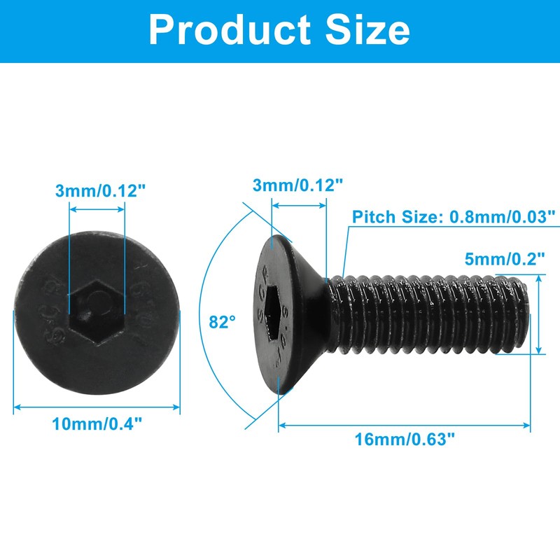 Dijedev M5-0.8 x 16mm Flat Head Socket Cap Screws, 10.9