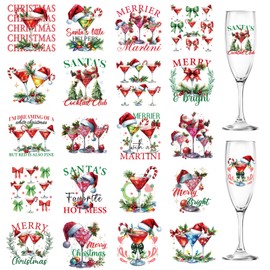 Papiailove 20Pcs Christmas Martini Uv Dtf Cup Wraps for 16 oz Glass Water Bottle Xmas Drink Alcohol Santa's Hot Mess Candy Cane Waterproof Rub On Transfer Decals for DIY Crafts Laptop