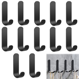12 Pcs AdhesiveHooks, Stainless Steel Wall Hooks, CoatHooks, WallHooks for Hanging, Heavy Duty ClosetHook Hold 40lbs, Wall MountedHooks for Clothings, Hat, Key, Towel, Shower (Black)