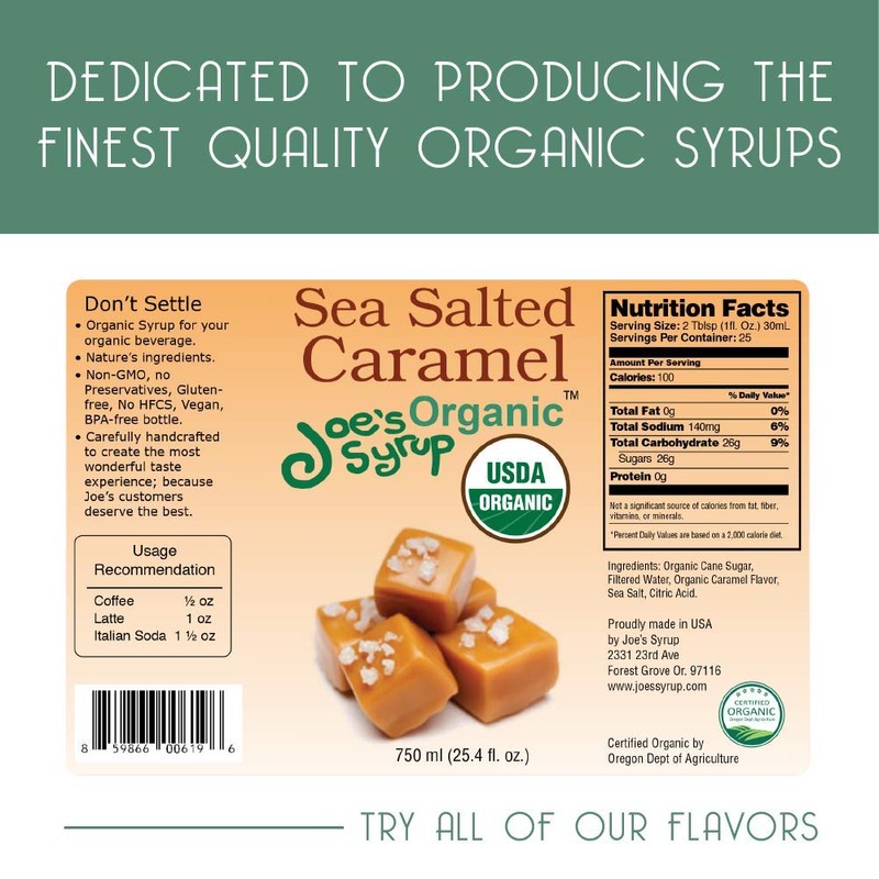 Joe’s Syrup Organic Flavored Syrup, Organic Sea Salted Caramel, 750