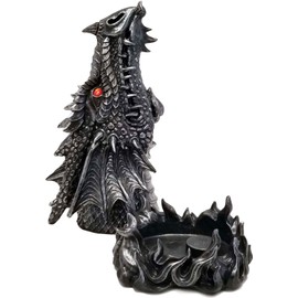 DWK 12-inch Puff Gothic Medieval Mythical Dragon Head Incense Burner Box Statue with Nostril Smoke Vent, Antique Black Pewter Finish