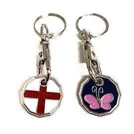 UK Phoenix Trolley Token New £1 Coin Shape 12 Sided Shopping Cart Key Ring Release Shop Locker Keychain (England & Butterfly)