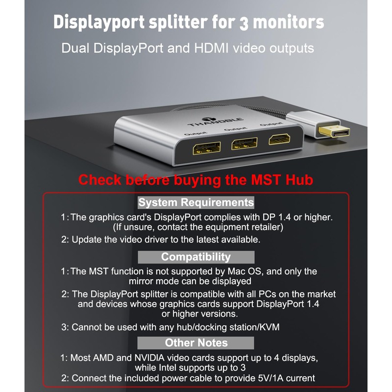 THANDBLE DisplayPort to Dual DisplayPort with HDMI Adapter 4K@60Hz, Extended