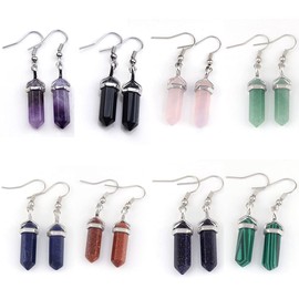 Healing Crystal Hexagonal Points Drop Dangle Earrings Set Quartz Natural Stone for Women Girls Chakra Natural Quartz Stones Amethyst Gemstone Hook Spiritual Energy Gemstone Reiki Jewelry, Stone Crystal Metal, stone,