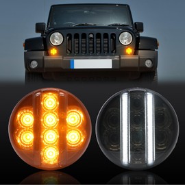 AUYICH LED Turn Signal Light Compatible with Wrangler JK Unlimited 2007-2018, DRL Front Grill Indicator Parking Light, Amber Turn Signal Lights White Daytime Running Lamps, Smoked Lens