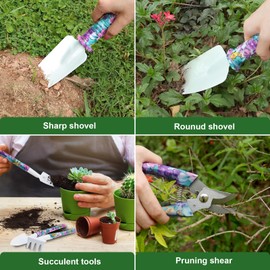 Gardening Tools - 10 Piece Garden Tool Set with Garden Tools and Floral Print Organizer Handbag, Gardening Hand Tools with Gift Box, Fashion Garden Kit, Garden Gifts for Women, Purple