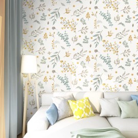 Timeet Floral Wallpaper Peel and Stick Self Adhesive Wallpaper Green/Yellow/Beige Removable Wallpaper Wall Decor 15.4in x 118.11in