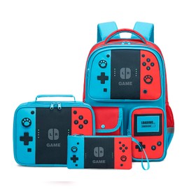 dwgweg Backpack for Boys 3-in-1 Backpack with Lunch Box Set Gaming Bookbag stylish kids travel backpack for boys 6-18 Kids Junior High School Primary School Back pack (Red-blue-set)