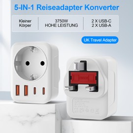 2 Pack Travel Adaptor UK Adapter England Germany Plug with 1 AC & 2 USB-C & 2 USB-A (3.4A) - Travel Plug Type G Socket UK to DE EU Socket Adapter for England, Ireland, Malta, Maldives, etc