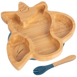 Tiny Dining Baby Fork & Plate with Suction Cup - Unicorn - 2pc - Navy Blue - Divided Non-Slip Bamboo Self-Feeding Weaning Plate & Cutlery for Babies, Toddlers, Children