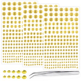 Self Adhesive Face Gems and Pearls for Makeup, Festival Jewels, Hair Gems Pearls, 3/4/5/6/8 mm Round Rhinestone Stickers for Face, Eye, Makeup, Body, Crafts 591Pcs (07_Light Gold)