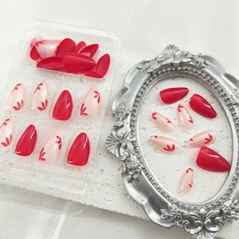 Spring Press on Nails Short Almond Red Flower Design Glue on Full Cover Acrylic False Nails Glossy Artificial Stick on for Women 24Pcs