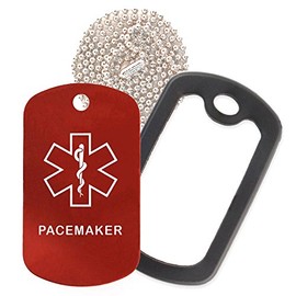 Pacemaker Medical Alert ID Necklace with Red Tag, Black Silencer, and 30'' USA Chain - 154 Color Choices