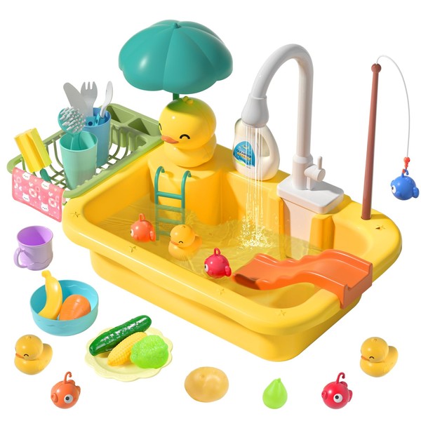 CUTE STONE Play Sink with Running Water, Kitchen Sink Toys with Play Food and Kitchen Utensils, Pool Floating Toys for Fishing Game, Children Role Play Electric Dishwasher Toy Gift for Boys Girls