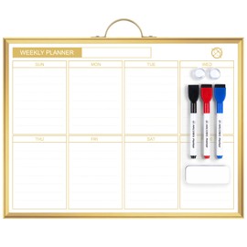 ARCOBIS Weekly Dry Erase Board for Wall, 12" x 16" Small Magnetic White Board Calendar Dry Erase, Double-Sided Whiteboard Planner for to Do List, Planning, Memo, School, Home, Office, Kitchen, Gold