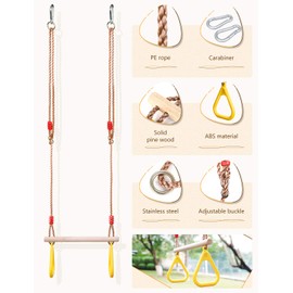 YOHOOLYO Trapeze Bar Swing Set Hanging Bar Rings for Kids 18" Wooden Swing Bar Heavy Duty Carabiner for Kids Backyard Outdoor Play