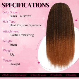 PEACOCO Drawstring Ponytail for Black Women Long Yaki Straight Ponytail Hair Extension 16 Inch Thick Pony Tail Clip in Synthetic Ponytail Hairpiece T1B/30