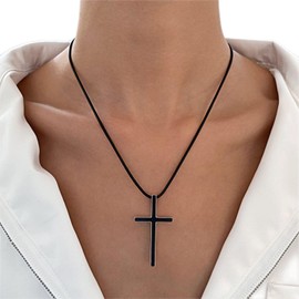 Zeshimb Black Cross Necklace Vintage Stainless Steel Cross Pendant Necklace Classic Leather Cord Chain Crucifix Necklace Religious Belief Jewelry for Women Men