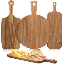 3 Set of Acacia Wood Cutting Boards with Handle, Wooden Chopping Board Paddle, Wooden Serving Board in 3 Different Sizes for Kitchen Charcuterie Cheese Meat Fruit Pizza Bread Baking