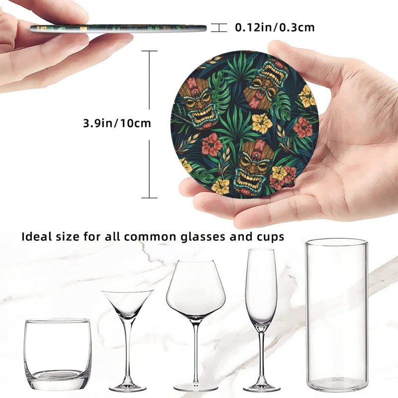Famame 6 Pcs Hawaiian Tiki Tropical Leaves Leather Coasters for