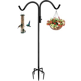 Tuohours 60 Inch Double Shepherd Hook Stand for Outdoor Birdfeeder, Adjustable Two Sided Garden Bird Feeder Pole Holder for Birdhouse Planter Solar Light Lantern, Black, 1 Pack