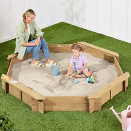 Best Choice Products Kid's Large Octagonal Wooden Outdoor Sandbox with Cover w/ 4 Reinforced Benches, 8 Seats, XL Sandpit, Bottom Liner - Natural