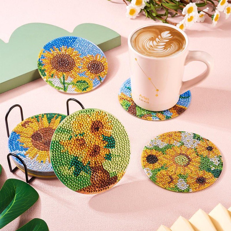 Cheriswelry 8Pcs Diamond Painting Coasters Sunflower Diamond Coasters with Holder