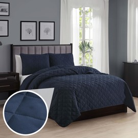 Cathay Home Basic Bedding Home Essential All Season 3PC Microfiber Diamond-Stitch Quilt Set - Navy, King/Cal King