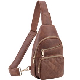 VX VONXURY Women's Chest Bag, Vegan Leather Bum Bag, Shoulder Bag, Small, Sling Bag with Wide Straps for Outdoor Sports, Travel, Work, Shopping, Brown Chequered, Sling style