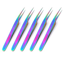 OdontoMed2011® 5 Pieces Stainless Steel Multi Rainbow Color 3D Eyelash Extension Tweezers Pro Straight Fine Point 4.5" Jewelry-Making, Laboratory Work