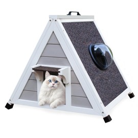 Deblue Weatherproof Cat House for Feral Cats, Outdoor Cat House for Small Cats, Unique Wooden Cat Shelter with Escape Door, Clear Window Fits for Small Pets - Grey