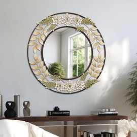 Fobule Decorative Mirrors for Wall, Round Wall Mirror 24 Inch Rustic Metal Flower Leaves Hanging Mirror for Living Room, Bedroom, Entryway, Dresser