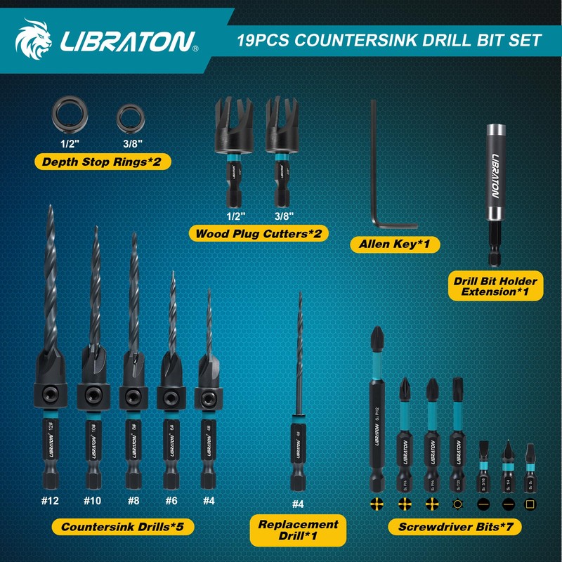 Libraton Countersink Drill Bit Set, 19 PCS Tapered Drill Bits