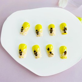Flower Press on Nails Medium Square Fake Nails with Designs Bee Gel Glue on Fingernails Yellow Acrylic False Nails Summer Artificial Nails Kit Glossy Full Cover Stick on Nails for Women 24Pcs