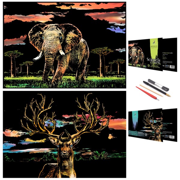Scratch Painting Art Paper,Animal Series Scratchboard for Kids & Adults, Gifts&Arts Craft Kits with 4 Tools,Size:16''x11'' (Elephant & Deer)