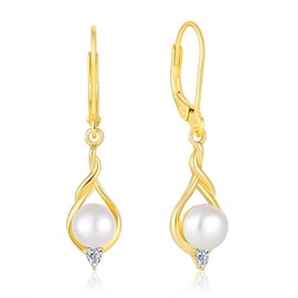 Vinoya 925 Sterling Silver Freshwater Cultured Pearl Earrings Yellow Gold Plated Cubic Zirconia infinity Pearl Dangle Drop Earrings for Women