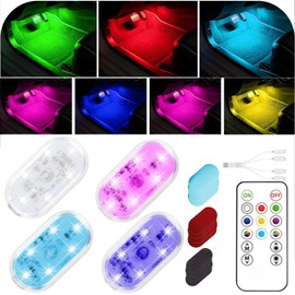 4Pcs LED Interior Car Lights with Remote,7 Colors Sync to Music Ambient Lighting Car Interior with 6 Bright LED Lamp Beads,Portable USB Rechargeable Car Interior Led Night Light for Car Decoration