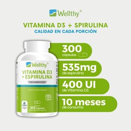 Wellthy Vitamina D3 400 unidades + Espirulina 300 Cápsulas. Reforzado con 535mg de Alga Espirulina, VCaps Cápsulas Veganas, 10 Meses de Consumo.