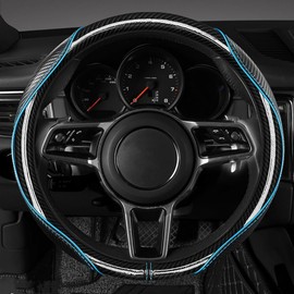 LABBYWAY Carbon Fiber Steering Wheel Cover, Universal 15 inch Breathable Anti Slip Steering Wheel Covers, Car Interior Accessories, Fit for Most Car, Trucks, SVU, (Black with Blue Line)