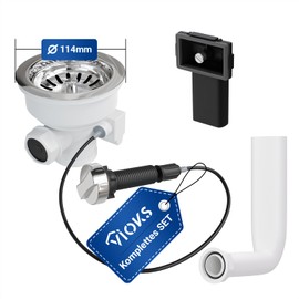 VIOKS Strainer Basket Eccentric Valve 114 mm Diameter with Rotary Control and Overflow – Strainer Basket Insert Basket Valve Pestle Valve Made of Plastic for Kitchen Sink Sink