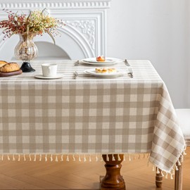 NALVXIN Checkered Tablecloth Rectangle Cotton Linen Gingham Table Cloth with Tassel Washable Wrinkle Free Heavy Duty Buffalo Plaid Table Cover for Dining/Party/Picnic (Beige, 55" x 84" (Rectangular))