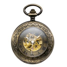 TREEWETO Unisex Pocket Watch with Chain Analogue Hand Winding Antique Skeleton Magnifying Glass Bronze, Bronze031, Dies: