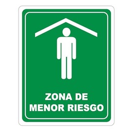Genérico Monsterprint Señalamiento Letrero Zona de Menor Riesgo, 20x25 cm. Impresión HD directa en estireno con tintas UV. Incluye cinta doble cara industrial, listo para instalar.