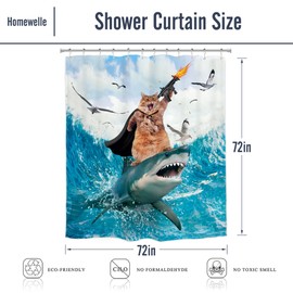 Homewelle Funny Surfing Cat Shower Curtain Riding Shark Hilarious Nautical Blue Ocean Sea Waves Seagull Animals Cool Novelty 72Wx72H Inch Kids Boys Child Waterproof Polyester Fabric Bathroom Bathtub