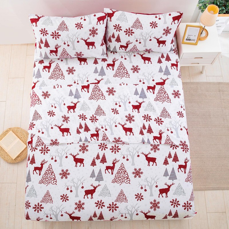 Luxudecor Christmas Sheets Set Queen Size 4 Piece Red Reindeer
