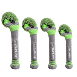Golf Club Headcover | Tour Fit Double Layer Pom Pom Premium Knitted Golf Head Cover | Driver, Fairway, Rescue | Set of 3 or 4 | Green/Gray (Set of 4 Covers)