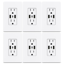 ThunderWay USB C Electrical Outlet Receptacles- 15 Amp Tamper-Resistant Outlet with USB Ports, 30W 6.0A Wall Plug Outlets Included Crewless Wall Plate Cover, White USB Socket, ETL Listed, 6 Pack