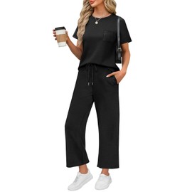 WIHOLL Two Piece Sets for Women Summer Vacation 2025 Matching Sets Women Clothing Resort Wear Holiday Airport Cruise Travel Outfits for Airplane Comfy Petite Lounge Sets Black M